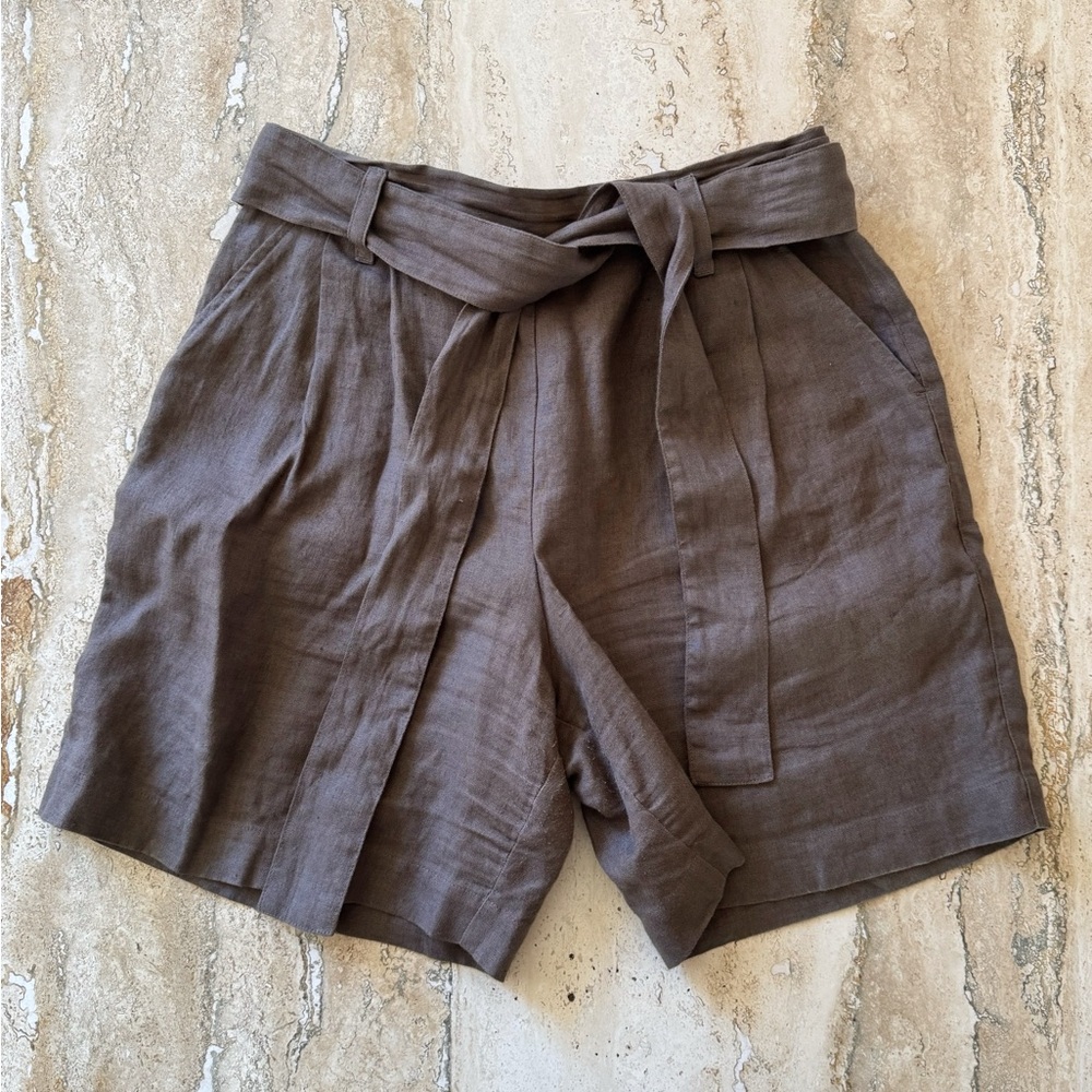 notPERFECTLINEN Chocolate Linen Belted Shorts